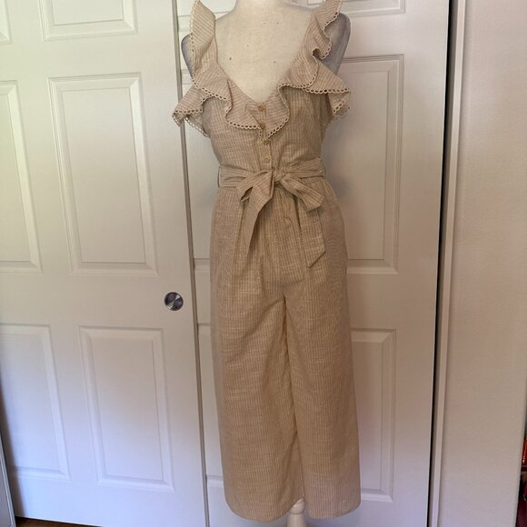 The Lineup Beige Khaki Gingham Ruffle Jumpsuit - Picture 1 of 6